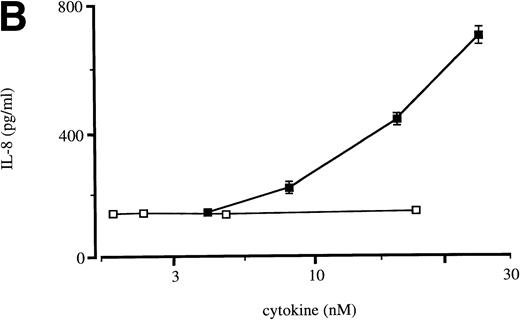 Fig. 1. Effect of IL-15 and IL-2 towards the production of IL-8 in human neutrophils. (A) Cells (106/300 μL) were cultured at 37°C in the presence or absence (–) of 250 ng/mL IL-15 (ie, 20 nmol/L) or 1 μg/mL LPS for the indicated times (in hours). Culture supernatants were collected, and their IL-8 concentration was determined using a specific ELISA. Results are expressed as mean ± standard error of mean (s.e.m.) of duplicate determinations for each experimental condition. Depicted in this panel is a representative experiment; the ability of 20 nmol/L IL-15 to induce IL-8 release was observed in seven independent experiments (P = .002 versus unstimulated cells). (B) Neutrophils (106/300 μL) were cultured for 9 hours at 37°C in the presence or absence of increasing concentrations of either IL-15 (closed squares) or IL-2 (open squares). The IL-8 content of the resulting culture supernatants was then determined by ELISA. Values are the mean ± s.e.m. of duplicate determinations for each experimental condition. This experiment is representative of at least three. (C) Neutrophils (106/300 μL) were cultured for 20 minutes at 37°C in the presence of 10 μg/mL cycloheximide (CX) or its diluent (DMSO), before stimulation with 250 ng/mL IL-15 (ie, 20 nmol/L), 103 U/mL IL-2 (∼5 nmol/L), or diluent control (ctrl), for 8 hours at 37°C. Cell-free culture supernatants and the corresponding cell pellets were collected, and their respective IL-8 concentrations were determined by ELISA. Values are the mean ± s.e.m. of averaged duplicate determinations from three independent experiments. Open bars, IL-8 release; shaded bars, total IL-8 production (ie, released + cell-associated). *, P < .04 relative to control cells, using Student’s t-test for paired data; CX treatment also yielded significantly lower (P < .05) values relative to the matched controls for all conditions tested.