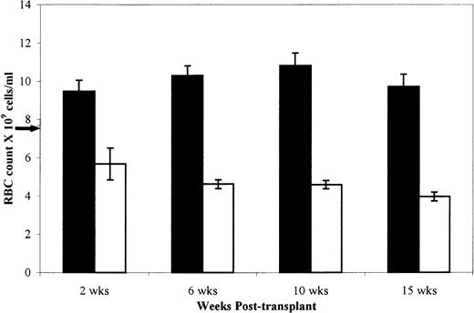 Fig. 1. Mean RBC count of W/Wv mice implanted with sph/sph or +/+ bone marrow at 2, 6, 10, and 15 weeks posttransplantation. Results are presented as mean ± SEM. (▪) +/+→W/Wv, n = 10, except n = 8 at 15 weeks. (□)sph/sph→W/Wv, n = 10, except n = 7 at 15 weeks. Arrow on the y axis indicates mean RBC count for unmanipulated W/Wv mice.