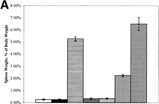 Fig. 2. (A) Mean (±SEM) spleen weight (expressed as the percentage of body weight) of control, W/Wv, sph/sph, and BMT recipients at the time of death. (□) +/+ control, n = 2. (▪) W/Wv control, n = 2. (▤) sph/sph control, n = 17. (▩) +/+→+/+a, n = 9. (░) +/+→W/Wv, n = 10. (▧)sph/sph→+/+a, n = 32. ()sph/sph→W/Wv, n = 10. (B) Mean (±SEM) heart weight (expressed as the percentage of body weight) of control, W/Wv, sph/sph, and BMT recipients at the time of death. Bars are as defined for (A); numbers in each group are as in (A), except forsph/sph→+/+a, in which n = 28.