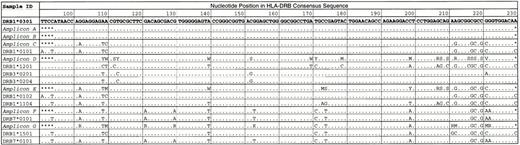 Fig. 2. Investigation into products detected when performing nested PCR-SSP typing with primer mix 118. Seven DNA samples (A to G) were subject to nested PCR-SSP typing and the resultant amplicons were purified and sequenced using 33P cycle sequencing. The resultant amplicon sequences were aligned to known HLA-DRB sequences31 and compared with HLA DRB1*0301 (redundancies are identified using the International Union of Biochemistry Group Codes where K = G/T, M = A/C, R = A/G, S = C/G, V = A/C/G, W = A/T, Y = C/T; * indicates base unknown).