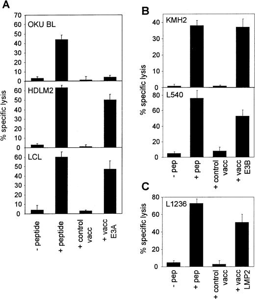 Fig. 3. CTL recognition of BL, HD, and LCL lines expressing EBV protein antigens from recombinant vaccinia vectors. (A) A B8-restricted EBNA 3A-specific CTL clone tested against OKU BL, HDLM2, and a B8-matched LCL target. (B) An A11-restricted EBNA 3B-specific CTL clone tested against KMH2 and L540. (C) An A2-restricted LMP 2-specific CTL clone tested against L1236. All targets had either been preincubated with the cognate peptide epitope or preinfected with a recombinant vaccinia vector expressing the target EBV protein. As controls, targets were preincubated with an equivalent dilution of DMSO solvent (−peptide) or with the vaccinia vector alone (control vacc). E:T ratios ranged from 5:1 to 10:1. All results are expressed as % specific lysis + 1 SD and are representative of several repeated assays.