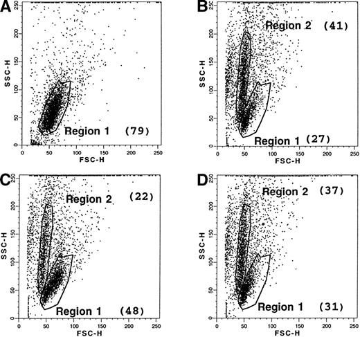 Fig. 8. Effect of CD23 ligation and L-NMMA on the apoptosis of B-CLL cells. Purified leukemic B cells from a freshly collected B-CLL sample were labeled with FITC-annexin V, either at day 0 (A), or after 2-day culture with medium alone (B), or with anti-CD23 MoAb (clone 135; 10 μg/mL) (C), or with anti-CD23 MoAb (10 μg/mL) and L-NMMA (1 mmol/L) (D). An FITC-labeled goat anti-rabbit Ig F(ab′)2 was used as a control of nonspecific binding. Dot plots (SSC v FSC) and percentage of annexin V+ cells were analyzed by the Procyt software. The data are from one representative experiment out of three.