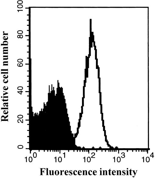 Fig. 4. Expression of the CXCR4 receptor on peripheral blood platelets. Platelets were prepared as described in Materials and Methods. Platelets were stained with a PE-conjugated anti-CXCR4 MoAb or isotype control antibody and then analyzed by flow cytometry. The staining with control antibody is shown as the solid profile and the staining with the anti-CXCR4 antibody is shown as the thin line.