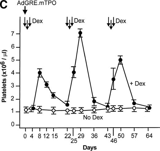 Fig. 10. Intermittent upregulation of mTPO levels in serum, megakaryocyte number in bone marrow, and blood platelet levels in C57B1/6 mice by intermittent administration of dexamethasone (Dex) following one-time intravenous administration of the AdGRE.mTPO vector. After administration of AdGRE.mTPO (5 × 108 pfu), dexamethasone was administered intraperitoneally (50 μg/dose) on 3 consecutive days starting at days 1, 22, and 43. (A) The mTPO concentration in serum evaluated before and 4 to 64 days after vector administration. Shown are data for mTPO level in serum with dexamethasone (•) and without dexamethasone (○). (B) The number of megakaryocytes in bone marrow before and 4 to 64 days following vector administration. Shown are data for megakaryocytes with dexamethasone (•) and without dexamethasone (○). (C) Platelet levels before and 4 to 64 days after vector administration. Shown are data for platelet levels with dexamethasone (•) and without dexamethasone (○). The data are presented as mean ± SE of three independent experiments.