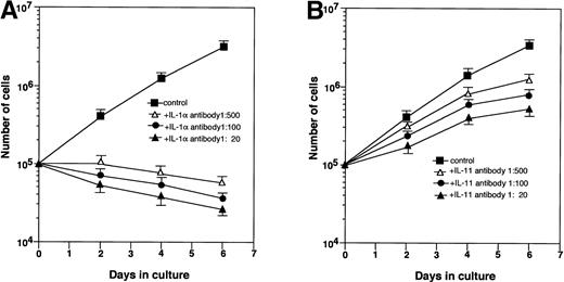 Fig. 4. Effect of neutralizing antibodies on the growth of HB-1 cells. HB-1 cells were cultured on MS-10 with or without anti–IL-1α neutralizing antibody (A) or anti–IL-11 neutralizing antibody (B). The number of HB-1 cells was counted every 2 days.