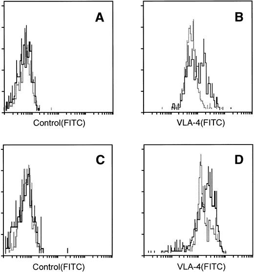 Fig. 3. VLA-4 expression by BM and mobilized PB CD34+ cells and cultured CD34+ cells. (A and B) CD34+ cells isolated from BM cells (solid line), and mobilized PB cells (broken line) were stained with control antibody (A) or anti–VLA-4 MoAb (B). (C and D): The cobblestone area–forming cells (solid line) and nonadherent cells (broken line) presented in Fig4 were stained with anti-CD34 MoAb and with control antibody (C) or anti–VLA-4 MoAb (D). VLA-4 expression was analyzed in CD34+ cells.