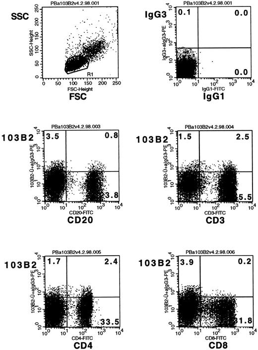 Fig. 9. The expression of the CD164(103B2/9E10) epitope on peripheral blood lymphoid subsets. Peripheral blood mononuclear cells were labeled with the 103B2/9E10 MoAb or with an IgG3negative control MoAb plus the FITC-conjugated MoAbs indicated before counterstaining with PE-conjugated anti-mouse IgG3. Lymphoid cells were gated on low forward and low side scatter gates before analysis on the FACSCalibur.