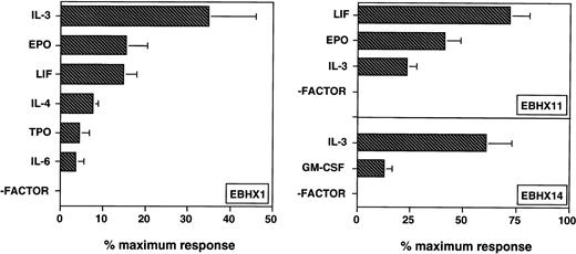 Fig. 3. Growth factor responsiveness of EBHX cell lines. EBHX cells were cultured in methylcellulose in the presence of the indicated cytokines and the developing colonies scored 7 to 8 days later. EBHX1 cells were cultured at 1 × 104 to 5 × 104cells/mL, EBHX11 at 250 to 750 cells/mL, and EBHX 14 at 1 × 104 to 5 × 104 cells/mL. Maximum response was determined by the number of colonies that grew in response to a broad mixture of cytokines, which included IL-3, IL-6, IL-11, Epo, KL, LIF, GM-CSF, G-CSF, and M-CSF. Colony-forming cell frequencies in this mixture were approximately 14% for EBHX1, 50% for EBHX11, and 20% for EBHX14. Cytokines were used at the following concentrations: IL-2, 1% conditioned medium; IL-3, 1 ng/mL; IL-6, 5 ng/mL; IL-7, 16 ng/mL; IL-11, 25 ng/mL; Epo, 2 U/mL; KL, 100 ng/mL; LIF, 1 ng/mL; IL-4, 1% conditioned medium; TPO, 5 ng/mL; G-CSF, 30 ng/mL; GM-CSF, 15 ng/mL; M-CSF, 5 ng/mL; IGF-1, 5 ng/mL; and basic FGF, 10 ng/mL. Bars represent standard error of the mean (SEM) from three independent experiments.
