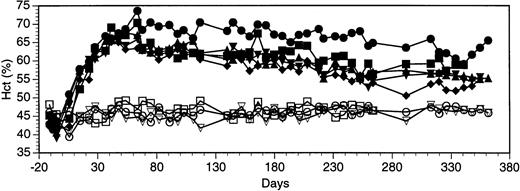 Fig. 1. Effect of seeding of transduced vascular smooth muscle cells on hematocrit (Hct). Closed symbols represent animals seeded with LrEpSN-transduced cells, and open symbols are control rats receiving LASN-transduced cells.