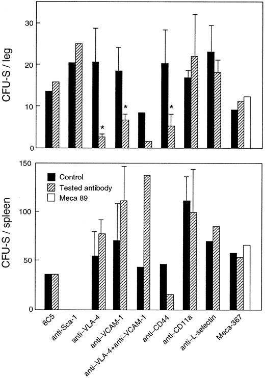 Fig. 1. Homing of CFU-S in BM and spleen. BM and spleen cells of primary irradiated recipients, injected with 107 BM cells in PBS (▪) or mixed with 200 mg the listed antibodies (▨) or Meca-89 (□) 3 hours before killing, were administered to secondary irradiated recipients. The spleen of the secondary recipients were obtained 12 days later for spleen colony counting. The number of CFU-S found in one leg or the spleen of primary recipients was calculated and represents the mean ± SEM of two to four experiments. * P < .05.