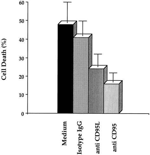Fig. 5. Resveratrol-induced tumor cell death is dependent on CD95-CD95L interaction. HL60 cells were preincubated for 1 hour with either anti-CD95 (1 μg/mL) or anti-CD95L (1 μg/mL) before the addition of 32 μmol/L resveratrol. Cell viability was determined following 24 hours incubation by the MTT assay, and data shown are mean ±SD of three independent experiments.