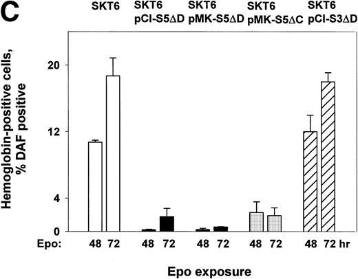 Fig. 5. Dominant-negative forms of STAT5A inhibit Epo-induced SKT6 cell hemoglobinization and globin expression. SKT6 cells were transfected stably with expression vectors encoding forms of STAT5A in which either the predicted DNA binding domains (pCIneo-S5▵D, pMK-S5▵D) or the C-terminal transactivation domains were deleted (pMK-S5▵C) (Wang-Ihle). As a control, a STAT3 DNA binding domain deletion mutant (S3▵D) also was constructed and was expressed stably (SKT6-pCIneo-S3▵D cells). Effects of the expression of these STAT mutants on Epo-induced SKT6 cell differentiation were then assessed. (A) Shown diagrammatically are wt STAT5A, wt STAT3, and the derived deletion constructs S5▵D, S5▵C, and S3▵D. (B) Levels of expression of STAT5A deletion constructs in SKT6-pCIneo-S5▵D, -pMK-S5▵D, and -pMK-S5▵C cells as assayed by Western blotting of total cell lysates. The designated antibody S5#1 recognizes a C-terminal epitope of murine STAT5A (Asp774-Ser793), whereas S5#2 recognizes an epitope within a central domain (Phe451-Tyr649) of STAT5-A and -B. As controls, lysates from parental SKT6 cells as well as STAT5A immunoprecipitated from SKT6 cells were coanalyzed. (C) In assays of induced hemoglobinization, SKT6 cells expressing either STAT5▵D, STAT5▵C, or STAT3▵D (as a control) were exposed to Epo (2 U/mL) and, at the indicated intervals (48 and 72 hours), hemoglobinized cells were stained with DAF and scored (>200 cells per sample). Values are the mean frequencies of DAF-positive cells ± standard deviations (n = 3). Frequencies of DAF staining-positive cells scored in the absence of Epo were subtracted as background from these numbers. (D) In assays of induced globin expression, SKT6-pCIneo-S5▵D and SKT6-pCIneo-S3▵D cells (top panel) or SKT6-pMK-S5▵C and SKT6-pMK-S5▵D cells (lower panel) were exposed to Epo (2 U/mL) and, at 72 hours, cell lysates were prepared. Globin levels then were assayed by Western blotting. As a positive control, lysates from parental SKT6 cells (±Epo exposure) were coanalyzed.