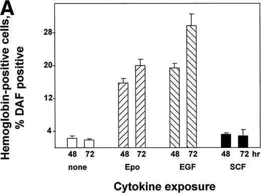 Fig. 8. SCF-dependent inhibition of Epo-induced SKT6 cell hemoglobinization. (A and B) SKT6-EE372 cell hemoglobinization is induced by Epo and EGF, but not by SCF. SKT6-EE372 cells were exposed to Epo (20 U/mL), EGF (25 ng/mL), or SCF (100 ng/mL) and, at 72 hours of culture, hemoglobin-positive cells were stained with DAF and scored (>200 cells per sample). Graphed (A) are mean frequencies of hemoglobin-positive cells ± standard deviation (n = 3). Also analyzed by Western blotting were levels of globin expression in Epo-, EGF-, and SCF-exposed SKT6 EE372 cells (B). (C) Concentration-dependent SCF-inhibition of Epo-induced SKT6 cell hemoglobinization. SKT6 cells were exposed for 8 hours to SCF at the concentrations indicated and subsequently were stimulated with Epo (2 U/mL) for 72 hours. As controls, SKT6 cells also were exposed independently to either SCF (100 ng/mL) or Epo (2 U/mL). Hemoglobin-positive cells were stained with DAF, and positive cells were scored (> 200 cells per sample). Mean frequencies of DAF-positive cells ± standard deviations (n = 3) are illustrated.