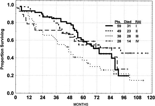 Fig. 3. Survival of CLL patients treated with fludarabine by Rai stage.