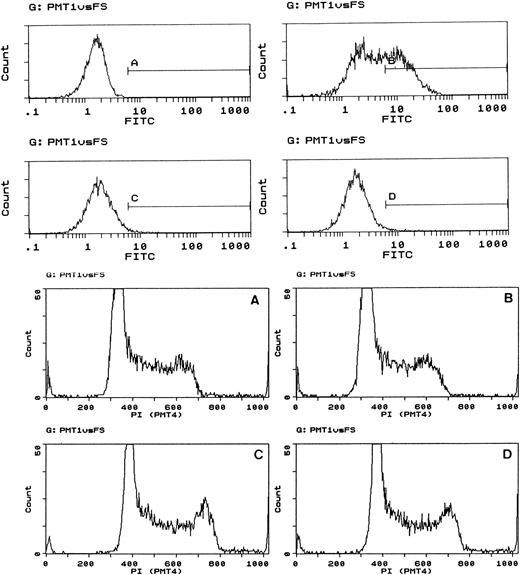 Fig. 7. Response of CEM cells to electroporated cytochrome c. (Upper panel) CEM cells were coelectroporated with 80 μg/mL cytochrome c and 8 μg/mL cytochrome c-biotin-streptavidin-FITC as described in the text, using different electroporation conditions. Gates were set using Coulter fluorospheres. Cells were analyzed 1 hour after electroporation. (A) Control cells (exposed to labeled cytochrome c without electroporation); (B) 240 V, 960 μF; (C) 240 V, 500 μF; (D) 240 V, 250 μF. In (B), 43% of gated cells were FITC-positive. Note that successful electroporation was achieved only with 240 V and 960 μF. (Lower panel) DNA analysis of cultures A through D 2 hours after electroporation. Similar DNA profiles were obtained after 4, 6, and 24 hours. Note the absence of apoptosis induction by cytochrome c.