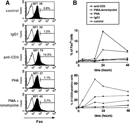 Fig. 1. Fas expression is differently regulated by activation signals in human thymocytes. Fas and CD25 expression were analyzed after culture with the following activators: immobilized anti-CD3 (mouse IgG, 10 μg/mL), PHA (1 μg/mL), and the combination of PMA (5 ng/mL) and ionomycin (500 ng/mL). Control cultures were performed in the absence of agents or with immobilized mouse IgG1 (10 μg/mL). Thymocytes were collected after 4, 16, 24, and 48 hours of culture and Fas, CD4, and CD8 expression was examined using three-color flow cytometry. CD25 expresssion was also measured to check the level of cell activation. A representative experiment is shown. (A) Analysis of Fas expression after 24 hours of culture with the different activators. Fas staining is shown as solid profiles and staining controls as open profiles. Thymocytes were first labeled with anti-Fas antibody, then with biotin-coupled antimouse antibody, and lastly with Quantum Red-conjugated streptavidine and anti-CD25 or anti-CD4 and anti-CD8 antibodies; only the last two steps were performed in staining controls. Anti-CD3 antibody-activated thymocytes display the higher increase in the Fashi thymocyte proportion and in the MFI of Fas staining. (B) Kinetic study of Fas and CD25 expression on thymocytes cultured with activation factors. CD25 expression was maximal after 16 hours of activation and Fas expression after 24 hours. By contrast with Fas expression, CD25 expression was strongly increased by PMA + ionomycin but moderately increased by anti-CD3 activation.