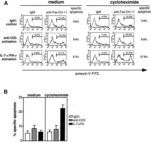Fig. 7. Anti-Fas–induced apoptosis in preactivated thymocytes. (A) Representative analysis of the apoptotic effect of an agonistic anti-Fas antibody on human preactivated thymocytes. After 24 hours of culture with IgG1 antibody, anti-CD3 antibody, or IFN-γ + IL-7, human thymocytes were collected and 105 cells were incubated with agonistic anti-Fas antibody (clone CH-11, 2 μg/mL) or IgM antibody (2 μg/mL), with or without 10 μg/mL cycloheximide. Cells were harvested 18 hours later, washed with PBS, and stained with FITC-conjugated annexin-V to quantify apoptosis. Specific anti-Fas–mediated apoptosis was calculated by subtracting the proportion of annexin-positive cells in the presence of control IgM from the proportion of annexin-positive cells in the presence of anti-Fas CH-11. In the absence of cycloheximide, less than 10% of thymocytes underwent Fas-specific apoptosis. In the presence of cycloheximide, thymocytes activated by IFN-γ + IL-7 were more susceptible than anti-CD3–activated thymocytes to Fas-specific apoptosis. (B) Data are the means ± SEM of 5 independent experiments. (□) IgG1; (▧) anti-CD3; (▪) IL-7 + IFN-γ.