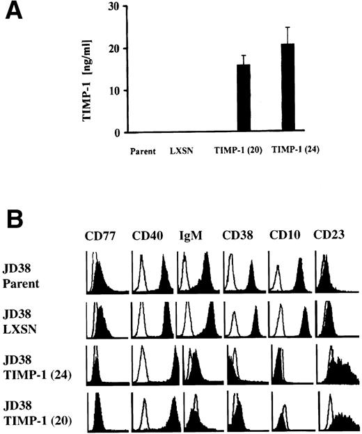 Fig. 5. Effects of induced TIMP-1 in the phenotype of the EBV-negative JD38 cells. (A) TIMP-1 secretion shown by two independent TIMP-1–JD38 cell clones (20 and 24) compared with JD38 cells transfected with vector alone (LXSN) and JD38 parental cells (parent). The Y-axis shows secreted TIMP-1 as determined by ELISA of conditioned media. Data represent triplicate determinations ± SD of three experiments. (B) Flow cytometry analysis of TIMP-1–transfected JD38 cell clones 20 and 24 shows downregulation of follicular markers and upregulation of CD23 and CD40 compared with parental JD38 and LXSN-JD38 control cells. The X-axis shows log fluorescence intensity. The Y-axis shows the number of cells. Every plot shows staining with irrelevant isotype control antibodies (empty histograms). Data represent five independent flow cytometric determinations.