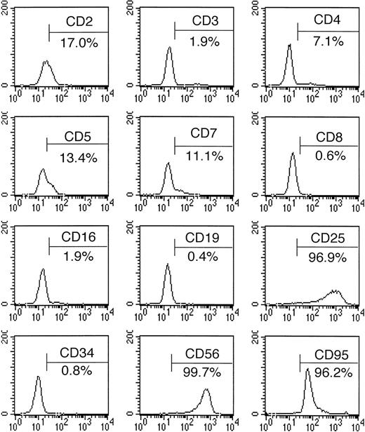 Fig. 3. Surface antigen expression of NK-YS cells, analyzed by flow cytometry after the cells were stained with FITC- or PE-labeled antibodies.