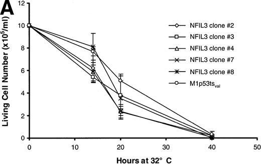Fig. 6. NFIL3 interferes with IL-6 rescue of M1p53tsval cells. (A) Viable cell counts (means of triplicate determinations) performed at serial times after a shift in temperature to 32°C for 5 NFIL3 clones and uninfected control. (B) Viable cell counts of NFIL3 clone 3 and 8 and control performed in the presence of 12 ng/mL IL-6. (C) Flow cytometric TUNEL assay of TdT-labeled DNA in NFIL3 clone 8 and control grown in the presence of IL-6 at 37°C and 24 hours after a temperature shift to 32°C.