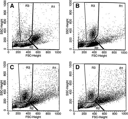 Fig. 3. Forward and side scatter profiles of peritoneal cells. Forward and side scatter analysis (see the Materials and Methods) was performed on peritoneal cells taken before (A) and at various times after (B through D; 16, 72, and 96 hours, respectively) TM injection. On the basis of surface marker expression (see Table 1 and associated text), three regions (R1, R2, and R3) were defined for subsequent studies: R1, “macrophage” region at t = 0; R2, “lymphocyte” region at t = 0; and R3, “neutrophil” region after TM injection. Constant instrument settings were used. The data are from a representative experiment (8 mice) that was repeated 8 times.