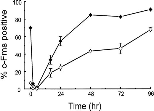 Fig. 4. Kinetics of appearance of c-Fms+ peritoneal cells in regions 1 and 2. At various times after TM injection, peritoneal cells from region 1 (⧫) and region 2 (◊; see Fig 3) were monitored for c-Fms expression by flow cytometry (see the Materials and Methods). Data are expressed as a percentage of the number of cells in the respective region and are the means ± range of variation from 2 experiments (8 mice/time point). A partial kinetic analysis was also performed another 8 times. When error bars are not presented, the errors are smaller than the size of the symbols.