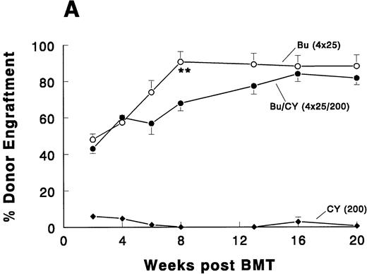 Fig. 1. Syngeneic (A) and allogeneic (B) bone marrow engraftment after pretreatment with BU with or without CY. Male C57BL/6JIco (B6-Gpi-1b/Gpi-1b) mice (Iffa Credo, L’Arbresle, France), 12 to 16 weeks old and weighing 25 to 30 g, were used as recipients. Congenic C57BL/6J-Gpi-1a/Gpi-1a(B6-Gpi-1a) and BALB.B10 mice (Jackson Laboratory, Bar Harbour, ME) were used as the source of syngeneic and H-2 compatible allogeneic donor bone marrow, respectively. Busulfan was injected intraperitoneally (IP) as a suspension in corn oil as fractionated doses (4 × 25 mg/kg) on 4 consecutive days. CY was administered (IP in phosphate-buffered saline, 200 mg/kg) 24 hours after (the last dose of) BU. BMT (106 bone marrow cells) was performed 24 hours after the last drug treatment or 48 hours after BU when CY was not in the regimen. Shown are the means (±SD, 4 to 6 mice per group) as percentages of Gpi-1a type erythroid chimerism up to 5 months after BMT. Asterisks indicate significance in Mann-Whitney-U test (*P < .01; **P < .05).
