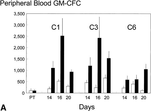 Fig. 2. Mobilization kinetics of hematopoietic progenitor cells through cycles C1, C3, and C6 of FAC chemotherapy. Data are presented as a percentage of the pretreatment (PT) levels of GM-CFC (A) and of CD34+ (B), (±SE bars). Control (□) n = 4; BB-10010 (▪) n = 7 at 30 plus 5 at 100 μg/kg.