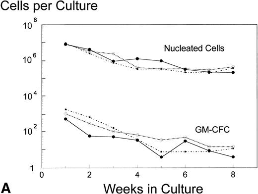 Fig. 3. Hematopoiesis over 8 weeks (GM-CFC and nucleated cells) in LTBMCs established from patients before (A) and after completion of six cycles of FAC chemotherapy (B). Symbol key: •, control group (n = 5); ○, BB-10010, 30 μg/kg (n = 7); ▪, BB-10010, 100 μg/kg (n = 6). Values represent the mean ± SE. Differences in the AUC between weeks 1 and 8 of culture for each patient group, pretreatment and posttreatment, groups were not statistically significant (P > .05).