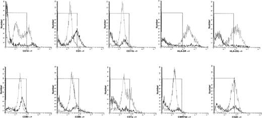 Fig. 2. Phenotype of DC generated after culture of adherent PBMC or sorted monocytes. Cells were cultured in the presence of GM-CSF and IL-4 for 7 days before analysis by flow cytometry. In each case staining with an irrelevant control antibody is represented by the box to the left of the histogram. Adherent PBMC are represented by the solid line, and monocytes by the dashed line. Dead cells were excluded by gating on forward and side scatter properties, and the remaining viable cells were analyzed. In the case of DC generated from adherent PBMC, contaminating lymphocytes were included. Histograms represent data acquired from 10,000 events. Data are representative of four separate experiments.