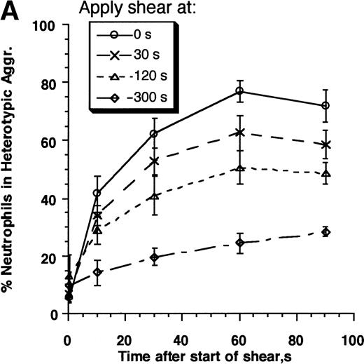 Fig. 3. Contributions of LFA-1 and Mac-1 to time-dependent changes in cell adhesivity. Neutrophils (3 × 106cells/mL) were mixed with E3-ICAM transfectants (6 × 106 cells/mL) and stimulated with 1 μmol/L FMLP for fixed time periods (0, 30, 60, 120, 180, 240, or 300 seconds) before application of shear at 200 s−1. Cell aggregation kinetics was measured. (A) Percent neutrophils in heterotypic aggregates for experiments where shear was applied either 0, 30, 120, or 300 seconds after stimulation. (B) Percent neutrophils recruited in heterotypic aggregation when shear was applied 120 seconds after FMLP stimulation either in the absence of MoAb (LFA-1– and Mac-1–dependent adhesion) or on addition of anti–ICAM-1 domain 1 MoAb RR1/1 (Mac-1–dependent adhesion) or anti–Mac-1 MoAb h60.1 (LFA-1–dependent adhesion). Error bars in (A) and (B) represent SEM from three independent experiments. (C) Adhesion efficiency of neutrophil–E3-ICAM interactions with time at a shear rate of 200 s−1 either in the absence of MoAb, or upon addition of MoAbs to domain-1 of ICAM-1 (RR1/1) or Mac-1 (h60.1). Smooth lines represent curve fit to experimental data with a first-order exponential decay function as described in Results. Data are means from at least three independent experiments. *P < .05 with respect to adhesion efficiency estimated in the absence of MoAb and on addition of RR1/1.