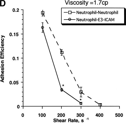 Fig. 4. Kinetics and strength of β2-integrin receptor–ligand interactions. Neutrophils (3 × 106cells/mL) and E3-ICAM (5 × 106 cells/mL) cells were stimulated with 1 μmol/L FMLP and sheared in a cone-plate viscometer over a range of shear rates from 100 to 500 s−1 in normal HEPES buffer (media viscosity, =0.7 cp, A and B) or on addition of 6% Ficoll to the HEPES buffer (media viscosity, =1.7 cp, C and D). (A) Percent neutrophils in heterotypic aggregates in normal buffer. (B) Adhesion efficiencies for neutrophil–E3-ICAM collisions were computed from data presented in A, and compared with the adhesion efficiency for neutrophil-neutrophil collisions in independent homotypic aggregation experiments in the presence of 30 μg/mL anti–L-selectin MoAb, LAM1-3 Fab. (C) Percent neutrophils in heterotypic aggregates in HEPES buffer with 6% Ficoll. (D) Adhesion efficiencies for neutrophil–E3-ICAM were computed for the data in C and compared with neutrophil-neutrophil aggregation in the presence of LAM1-3 in media with viscosity 1.7 cp. Error bars represents SEM from three to eight independent experiments. *P < .05 with respect to neutrophil–E3-ICAM adhesion in the absence of Ficoll.
