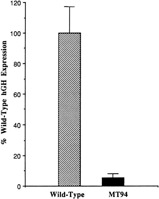 Fig. 1. Functional analysis of the wild-type and mutant (−94 C to G) factor VII promoters. One hundred eighty-six base pair fragments of wild-type or mutant (MT94) human factor VII promoter sequence were inserted into the hGH reporter vector and used to transiently transfect HepG2 cells. The data were corrected as described in Materials and Methods, and the level of hGH expression from reporter plasmid containing the wild-type sequence was considered 100%. Relative to this, the level of hGH expression from the MT94 sequence was 5.8 ± 2.2% (1 SD). The data shown were obtained from three experiments in which a total of 14 dishes were transfected with each expression vector.