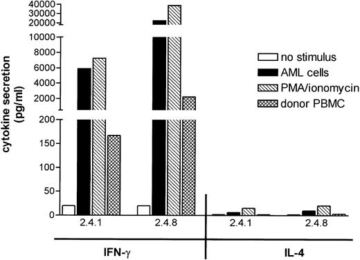 Fig. 5. Cytokine secretion by leukemia reactive T-cell clones. T-cell clones, 2.4.1 and 2.4.8, were stimulated with the indicated irradiated stimulator cells or with PMA/ionomycin for 72 hours. The release of IFN-γ and IL-4 in the culture medium was assessed by cytokine-specific sandwich ELISA and expressed as the mean of the triplicate cultures.