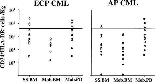 Fig. 7. Effect of priming chemotherapy on the number and clonal origin of CD34+HLA-DR− cells in marrow and blood. Marrow was obtained before and BM and PB were obtained after priming chemotherapy. CD34+HLA-DR− cells were selected using sequential Ficoll-Hypaque separation, column enrichment, and FACS selection. To calculate the number of CD34+HLA-DR− cells that would be available for transplantation the following calculations were made: For marrow, the number of CD34+HLA-DR− cells present per 106 BM cells was multiplied by the calculated number of cells present in a hypothetical marrow harvest of 2.5 L. For PBPC collections, the number of CD34+HLA-DR−cells in each PB collection was determined by multiplying the number of CD34+HLA-DR− cells present in 106 PB cells and the total number of cells per collection. When more than one collection was obtained, the number of CD34+HLA-DR− cells in each collection was combined to calculate the total number of CD34+HLA-DR− cells available for transplantation. The number of CD34+HLA-DR−cells available was then divided by the weight of the patient to determine CD34+HLA-DR− cells/kg. (○), BCR-ABL negative; (•), BCR-ABL positive; (□), no PCR.