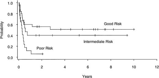 Fig. 3. EFS after allogeneic BMT for patients with good- (n = 25), intermediate- (n = 15), and poor- (n = 17) risk cytogenetics.