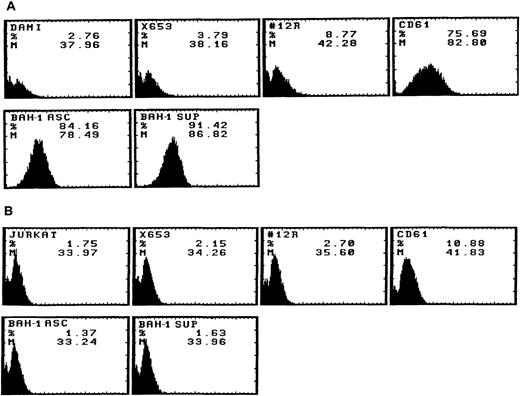 Fig. 1. Flow cytometric analysis of BAH-1 surface protein expression in a DAMI megakaryocytic cell line. Antigen expression was evaluated by FACS staining using BAH-1 and Mpl-R MoAbs (commercially available from Genzyme, MA), CD61 or control MoAb on DAMI (A) and Jurkat T cells (B). X653, supernatant from the mouse myeloma cell line used in cell fusion; 12R, a control nonrelevant MoAb (1:1,000); CD61, a positive control for megakaryocytic cells; BAH-1 Asc, ascites of BAH-1 (1:1,000 dilution); BAH-1 Sup, BAH-1 supernatant (1:1,000 dilution).