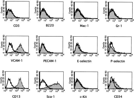 Fig. 3. Flow cytometric analysis of surface markers of AGM-S3 cells. AGM-S3 cells were stained with biotin-conjugated antimouse CD3, B220, Mac-1, Gr-1, VCAM-1, PECAM-1, E-selectin, P-selectin, and CD13, followed by PE-conjugated streptavidin (A through I), PE-conjugated antimouse Sca-1 and c-Kit (J and K), and FITC-conjugated antimouse CD34 (L).