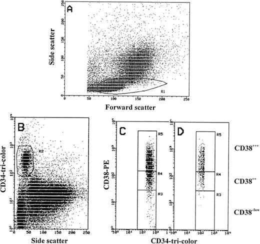 Fig. 1. FACS analysis of MPB mononuclear cells. (A) Forward scatter (size) and side scatter (density) of MPB MNCs showing region R1 in which CD34+ cells are located. (B) Scattogram of CD34-tri-color (Fl 3) versus side scatter (SSC) showing only CD34+ cells in R2 that were also gated in R1. (C and D) CD34-tri-color (Fl 3) and CD38-PE (Fl 2) expression from R2 showing the gating of CD34+ cells based on CD38 antigen density level (R3, R4, and R5). Region R3 used to define CD34+/CD38−/low cells matching the biological control (see Materials and Methods). Region R3 include CD34+ cells with PE-CD38 fluorescence more by 20% to 25% than the maximum PE fluorescence of irrelevant isotype-control (log 101). Region R4 defines CD34+/CD382+ and region R5 defines CD34+/CD383+ cells. Regions R3, R4, and R5 were stored and constantly used for all samples to analyze the third antigen and for cell sorting experiments. (C) The gating of only CD34 strong positive cells are shown, where greater than 98% of CD38−/low cells are located in region R3. (D) The gating of CD34 weak positive cells are shown, in which region R3 lack the CD38− cells.