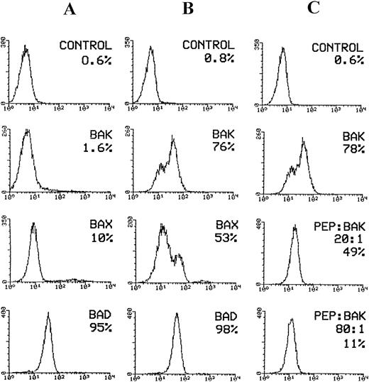 Fig. 5. Flow cytometric analysis of pro-apoptotic proteins expressed by KG-1A cell line. Cells were induced for apoptosis after overnight incubation in medium deprived of serum. For flow cytometric analysis of bak, bad, and bax expression in KG-1A cells, cells were permeabilized with Ortho Permeafix and stained with goat anti-bak, mouse anti-bad, and rabbit anti-bax antibodies followed by staining with FITC-conjugated antigoat, antimouse, and antirabbit IgG antibodies, respectively. For neutralization, the anti-bak antibody (goat polyclonal) was incubated overnight at 4°C with excess peptide antigen. Cells were stained with the peptide/antibody mixture followed by staining with FITC-conjugated antigoat IgG. (A) bax, bak, and bad expression before induction of apoptosis. Only bad protein was expressed by the majority of KG-1A cells. (B) Considerable increase in bax and bak expression following induction of apoptosis. (C) The effect of bak- blocking peptide (PEP) on bak expression in apoptotic cells. Bak expression reduced from 78% before to 11% after neutralization with bak peptide.