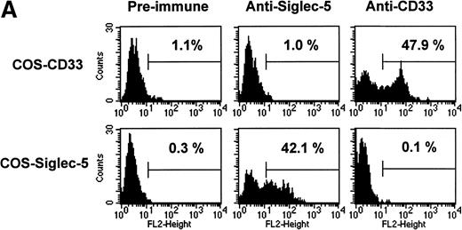 Fig. 6. FACS analyses of siglec-5 expression on human hematopoietic cells in comparison to CD33. (A) COS-1 cells transiently transfected with either full-length CD33 cDNA or siglec-5 cDNA and labeled with preimmune serum, mouse anti–siglec-5 antiserum or anti-CD33 MoAb followed by phycoerythrin-conjugated F(ab)2anti-mouse IgG. Values refer to the percentage of cells within the indicated gate. (B) Human myeloid leukemic cell lines stained with either preimmune serum (open histograms), anti–siglec-5 antiserum or anti-CD33 MoAb (filled histograms). The mean fluorescence intensities observed with either anti–siglec 5 or anti-CD33 antibodies are shown in each box. (C) Human blood leukocytes, stained as described above for (B).