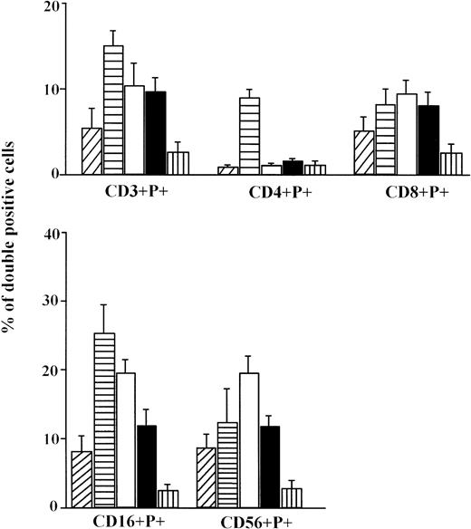 Fig. 3. The percentage of double positive (perforin+ and surface marker+) lymphocytes (mean ± SE). CB lymphocytes (A, ▨;) and PBL from children (B, ▤), men (C, □), women (D, ▪), and elderly persons (E, ▥). Levels of significance (from P < .05 to P < .001) for: CD3 = (A) versus (B, C, D); (B) versus (D); (B, C, D) versus (E); CD4 = (B) versus (A, C, D, E); CD16 = (B) versus (A, C, D, E); (A) versus (E); (C) versus (D, E); (D) versus (E); CD8 = (A) versus (C, E); (B, C, D) versus (E); CD56 = (A) versus (C, E); (C) versus (D); (B, D) versus (E).