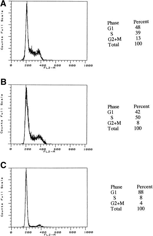 Fig. 7. Cell cycle analysis of HL-60 cells cultured with vitamin D3 compounds. The HL-60 cells were cultured without vitamin D3 compounds (A) or with either 1,25D3 (B) or Ro 25-9716 (C) at 10−8 mol/L for 4 days before cell cycle analysis.