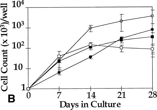 Fig. 1. Proliferation of 1,000 sorted cells in the serum-free pre-CFU assay. (A) CD34+ cells from five normal donors and five CML patients were cultured in SCF alone or in 4HGF. Cell counts for normal CD34+ cultured in SCF alone remain below the limit of detection and so are represented by a dotted line. (B) CML CD34+ from three patients were subfractionated into CD38+/−and cultured in SCF alone or in 4HGF. CD34+CD38+/− cells from three normal donors showed no discernible proliferation in this assay and are not plotted. (A) □, CML in SCF; ○, CML in 4HGF; •, normal in SCF; ▪, normal in 4HGF. (B) ▪, CD34+CD38+ in SCF; •, CD34+CD38− in SCF; □, CD34+ in 4HGF; ○, CD34+CD38− in 4HGF.