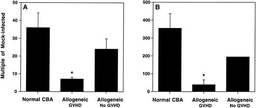 Fig. 5. Allogeneic transplant recipients with GVHD showed a reduced pulmonary influx of lymphocytes. BAL cell numbers of mock-infected mice and mice 7 days after intranasal HSV-1 infection were determined. (A) Total lymphocytes recovered by BAL. (B) CD8+ T cells recovered by BAL. Numbers are expressed as the multiple of the cells recovered in infected versus mock-infected mice. The numbers were calculated from the percentages determined by FACS analysis. Data represent means ± SE of individual or pooled BAL samples, derived from at least two separate experiments. Numbers of mice were as shown in Fig 4. The asterisks indicate a significant difference from both normal CBA and allogeneic No GVHD (P < .04; Student's t-test). The error bar for the allogeneic no GVHD group in (B) falls within the symbol.