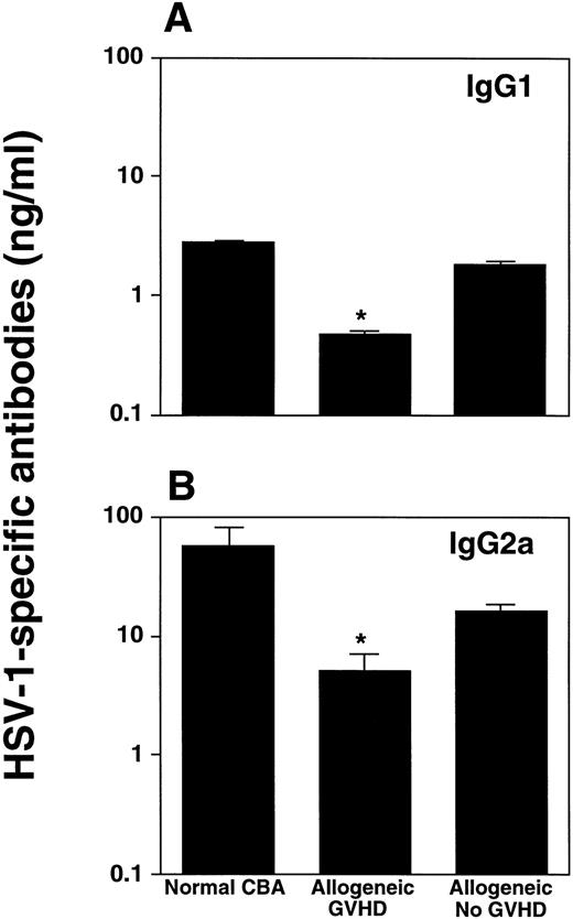 Fig. 6. Allogeneic transplant recipients with GVHD showed reduced HSV-1–specific antibody production. HSV-1–specific IgG1 (A) and IgG2a (B) antibodies in the BAL fluid were determined by ELISA 14 days after intranasal HSV-1 infection. Data represent means ± SE of individual or pooled BAL samples, derived from at least two separate experiments. Numbers of mice were: 5 (normal CBA), 4 (allogeneic GVHD), and 10 (allogeneic no GVHD). The asterisks indicate a significant difference from both normal CBA and allogeneic no GVHD (P < .04; Student's t-test) for IgG2a, and a significant difference from normal CBA (P < .02; Student's t-test) for IgG1.