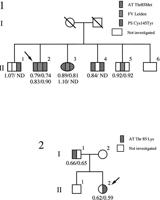 Fig. 1. Pedigrees of family 1 (antithrombin Wibble) and family 2 (antithrombin Wobble) with probands identified as arrowed. Antithrombin activity/antigen levels are indicated. ND, not determined. The segregation of the protein S variant (PS Cys145Tyr) and factor V Leiden is shown in family 1.