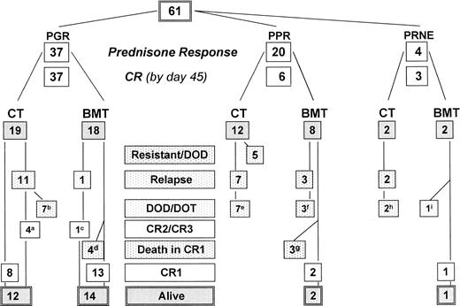 Fig. 1. Treatment outcome of Ph+ ALL according to prednisone response and treatment. (M)M(U)RD, allogeneic HLA-(mis)matched (un)-related donor BMT; PGR, prednisone good response; PPR, prednisone poor response; PRNE, prednisone response not evaluable; DOD/DOT, died of disease/toxicity. Follow-up details (refer to Table1): (a) patient no. 21: BMT, in CR2; no. 24: BMT after second relapse, in CR3; no. 31 and 42 without BMT in CR2 at 30+ and 41+ months, respectively; (b) patients no. 23, 25, 33, 36, 44, 55, and 57: 1 MRD BMT: second relapse, 1 MURD BMT after second relapse; maximum survival time after relapse 48 months; (c) patient no. 27: CR2 59+ months, no BMT after relapse; (d) patients no. 26 (MMRD), 29 (MMURD), 43, and 46 (MURD): lethal complications related to acute GVHD; (e) patients no. 5, 6, 9, 11, 12, 19, and 20: no BMT after relapse, maximum survival time after relapse 6 months; (f) patients no. 3, 4, and 10: maximum survival time after relapse 3 months; (g) patients no. 7, 8, and 14: died of acute BMT-related complications at 1.5, 2, and 5 months after BMT, respectively; (h) patients no. 59 and 61: both transplanted after relapse, maximum survival after relapse of 8 months; (i) patient no. 60: died of acute GVHD, not being in CR.