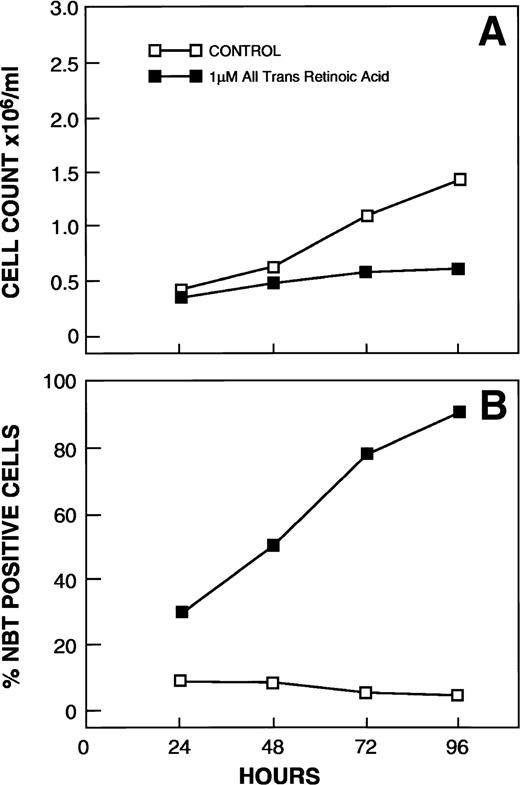 Fig. 1. Growth (A) and differentiation (B) of human leukemia HL-60 cells treated with 1 μmol/L RA.