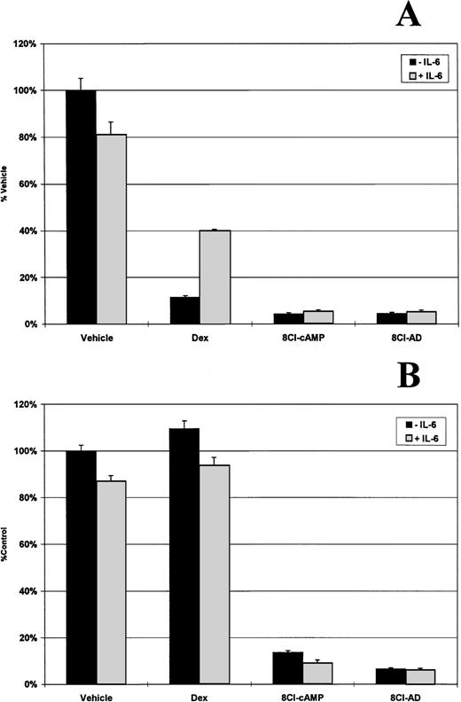 Fig. 5. IL-6 does not inhibit 8Cl-cAMP or 8Cl-AD activity. MM.1S (A) and MM.1R (B) cells are treated for 5 days with control medium only, dexamethasone (1 μmol/L), 3 μmol/L 8Cl-cAMP, or 3 μmol/L 8Cl-AD in the presence (light bars) or absence (dark bars) of 500 pg/mL IL-6. Cell number is assayed and presented as described in Materials and Methods.